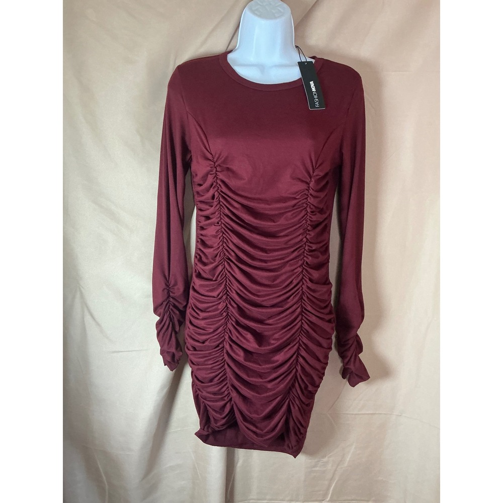 Fashion Nova Ruched Dress Womens Large Burgundy New Long Sleeve Mini Bodycon